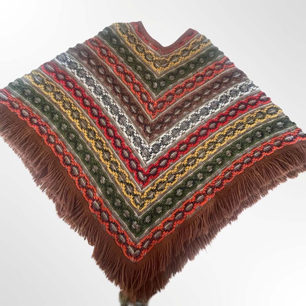 Multicolor Knit Aztec Poncho w Fringe Boat Neck - Picture 5 of 7